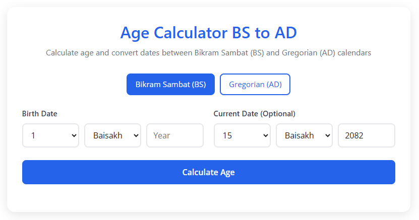 Age Calculator BS to Ad & ⇋ AD to BS